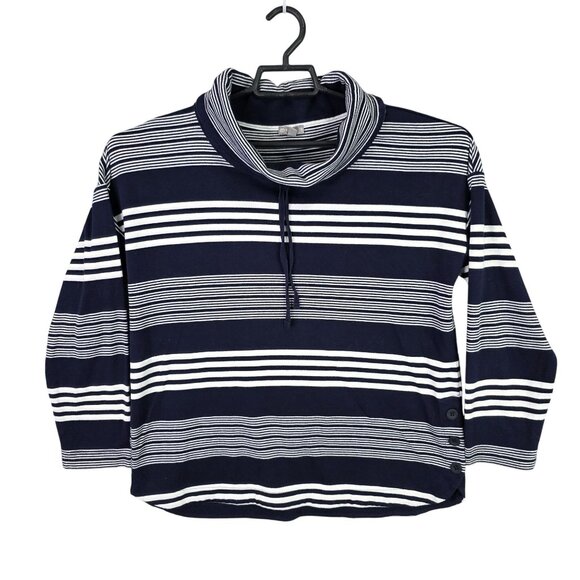 Womens T By Talbots Navy & White Striped Pullover Sweater Drawstring Cowl Neck L - Picture 1 of 7